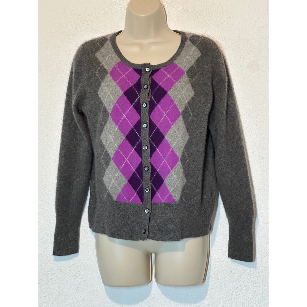 Apt 9 Womens 100% Cashmere Argyle Cardigan Sweater Grey Purple XL
